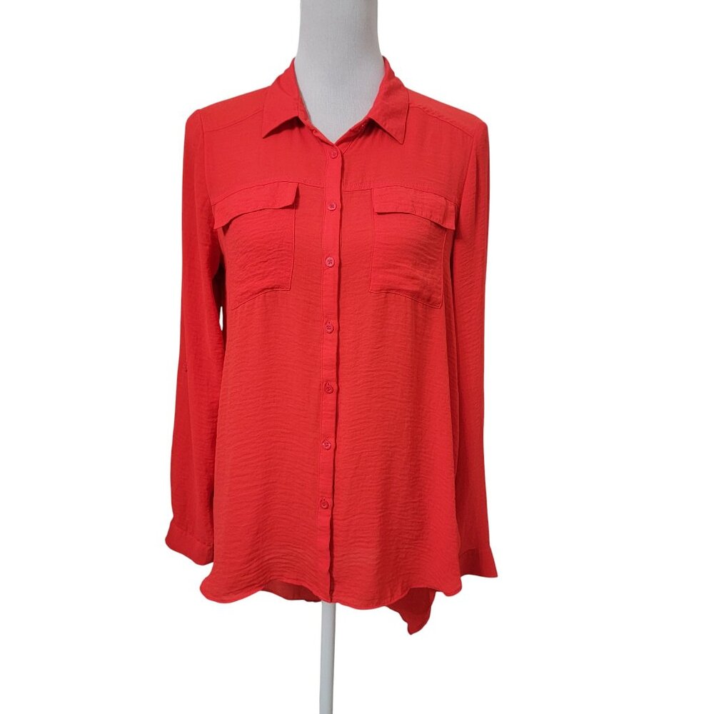 a.n.a A New Approach Size M Poppy Orange-Red Textured/Crinkled Button Front Top